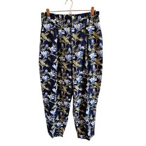 Gap Vintage 100% Linen Magnolia Floral Pleated High Rise Tapered Pant Blue 13/14